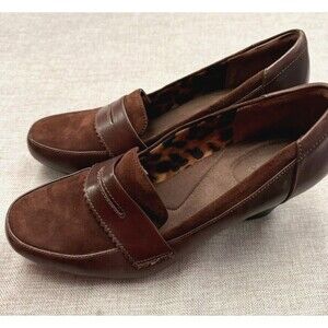 Clarks 10M Leather Leopard‎ Lined Chunky Heel Shoes Dark Academia